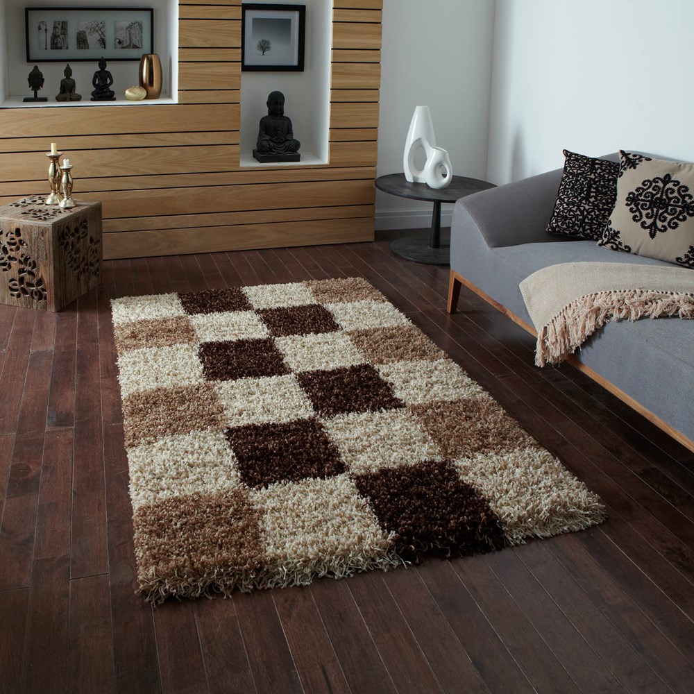 Vista Shaggy Rugs 2247 Check Beige Brown